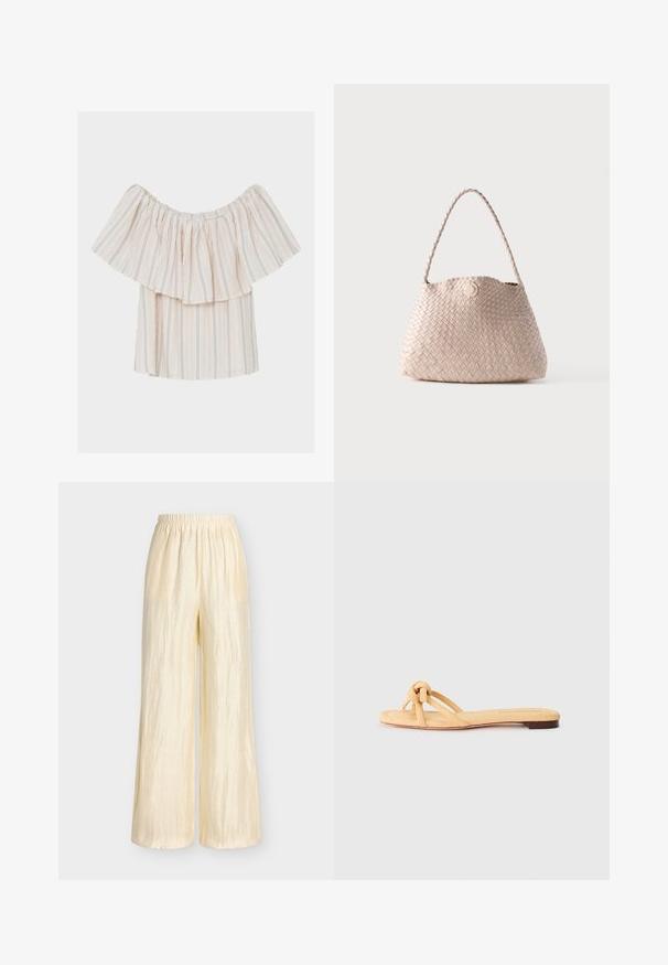 Beige off-shoulder blouse met verticale dunne zwarte strepen en geruite halslijn, losse pasvorm, korte mouwen, lichtgewicht stof.; Lichtbeige wijde broek met een geplooide elastische tailleband en een licht gekreukte stoftextuur.; Geel geweven platte sandaal met twee kruislings geplaatste banden, een geknoopte detail aan de voorkant en een lage, bruine zool.; Beige geweven leren schoudertas met een afgeronde vorm en gevlochten handvat, met een kleine ronde leren knoopsluiting.