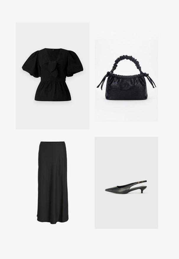 Blusa de algodón negra con escote en V, mangas abullonadas y un lazo en la cintura. El pecho está fruncido para dar forma de peplum.; Falda larga negra confeccionada en una tela suave y ligera. Presenta una silueta sencilla en línea A con un dobladillo ligeramente acampanado y sin cierres visibles.; Zapato de tacón slingback negro de punta afilada, hecho de cuero suave. Presenta un tacón delgado y un detalle de hebilla en la correa ajustable.; Bolso negro con textura de cocodrilo, borde superior fruncido, asa recogida y cordones con borlas en cada lado sobre un fondo blanco.