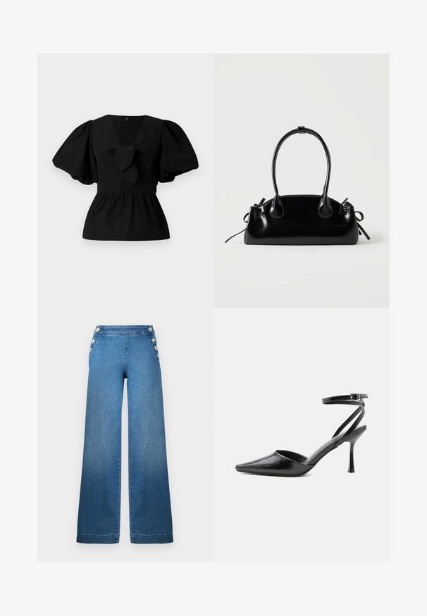 Blusa de algodón negra con escote en V, mangas abullonadas y un lazo en la cintura. El pecho está fruncido para dar forma de peplum.; Pantalones de mezclilla azul de pernera ancha con cintura alta, acentos laterales abotonados y bajo recto. La tela tiene una textura suave con ligero desgaste.; Zapato de tacón alto negro de punta fina con delgadas correas en el tobillo y cierre de hebilla plateada sobre un fondo liso claro.; Pequeño bolso negro brillante con dos asas largas y detalles de cordón lateral sobre un fondo claro liso.