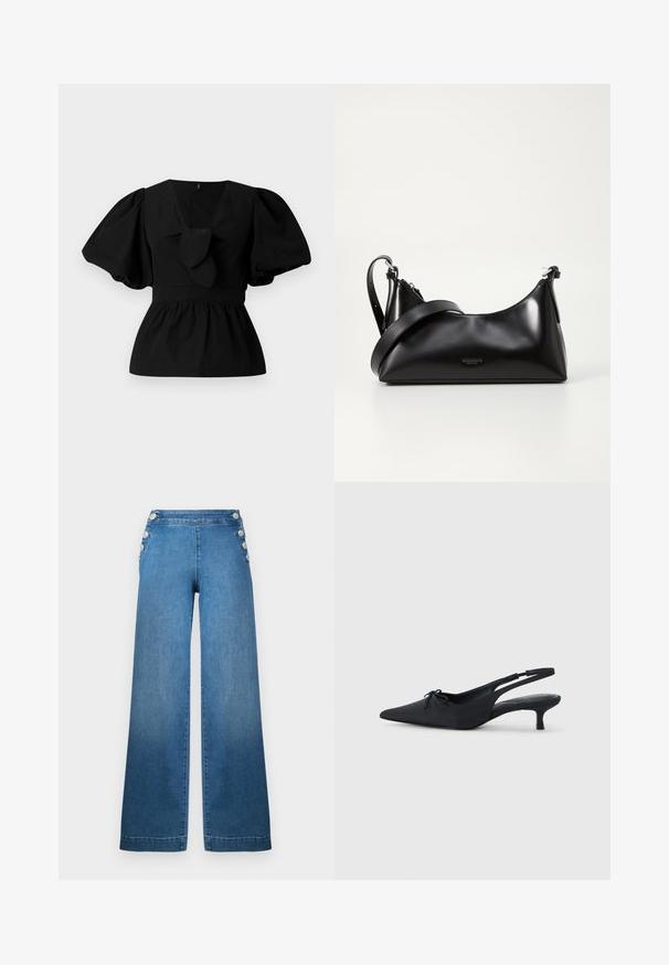 Blusa de algodón negra con escote en V, mangas abullonadas y un lazo en la cintura. El pecho está fruncido para dar forma de peplum.; Pantalones de mezclilla azul de pernera ancha con cintura alta, acentos laterales abotonados y bajo recto. La tela tiene una textura suave con ligero desgaste.; Tacones negros de tipo slingback con puntera puntiaguda, tejido texturizado, un pequeño lazo en la parte frontal y un tacón kitten modesto.; Bolso de mano de cuero negro con una textura suave. Cuenta con una correa ajustable y un diseño elegante y minimalista con cierre de cremallera.