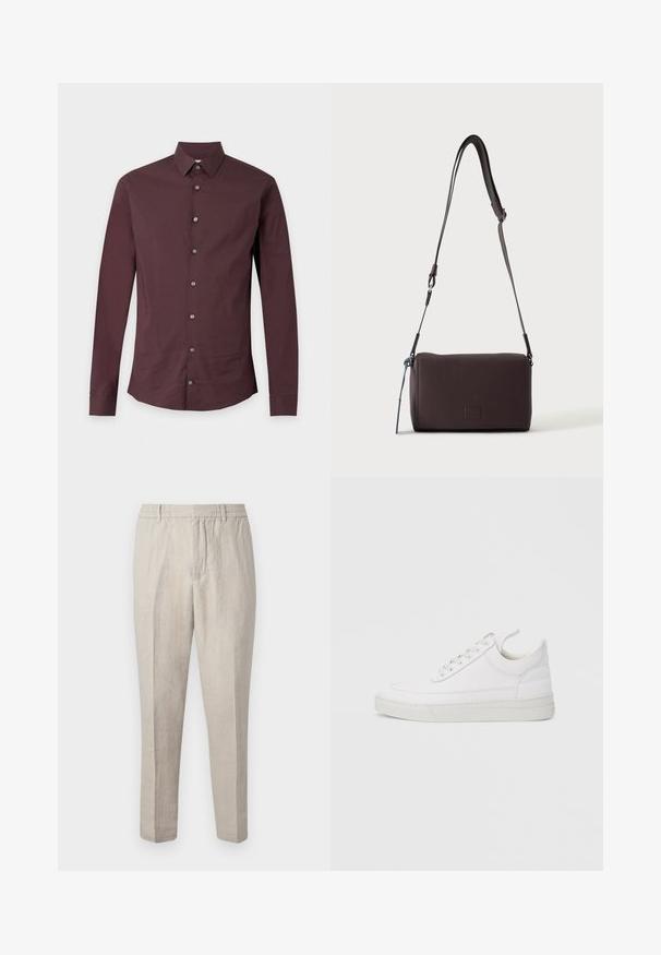 Chemise à manches longues en bordeaux foncé avec un col classique et sept boutons sur le devant.; Pantalons en lin beige clair avec une coupe décontractée, dotés d'une taille à cordon, de jambes fuselées et d'une texture subtile sur l'ensemble du tissu.; Baskets en cuir blanc avec un embout arrondi, une semelle plate et un laçage à l'avant. Présentent des détails de couture et un col rembourré pour plus de confort.; Sac bandoulière en cuir marron foncé texturé avec une sangle réglable et un petit accent décoratif bleu sur le côté.