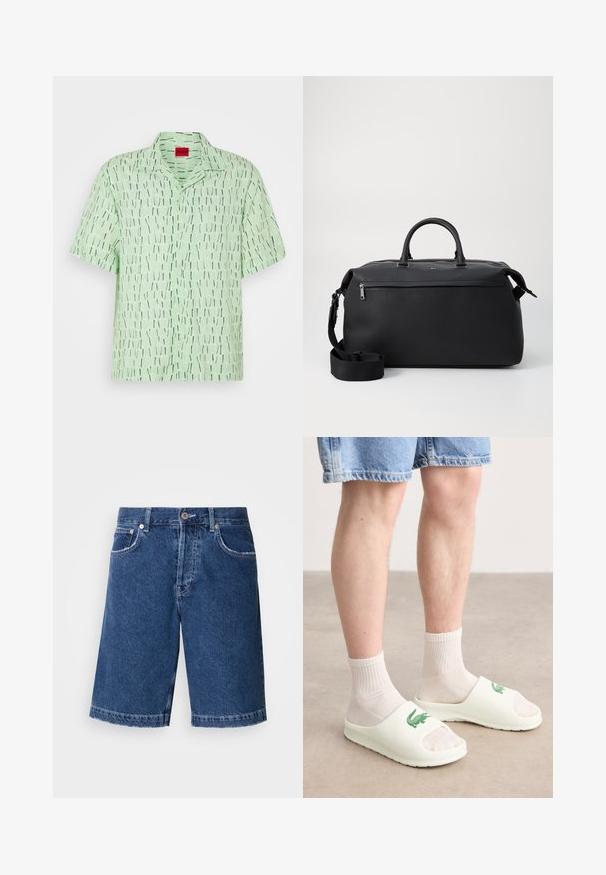 Kurzarmhemd aus hellgrünem Stoff mit einem grafischen Muster aus vertikalen schwarz-weißen Linien. Verfügt über einen Kragen und eine Knopfleiste.; Jeansshorts in Dunkelblau, mit geradem Schnitt, zwei vorderen Taschen und einer klassischen Knopfleiste. Genähter Saum mit leichter Ausbleichung.; Weiße Rutschsandalen mit offener Zehenpartie, die ein grünes Logo zeigen, getragen mit weißen gerippten Socken und Jeansshorts. Glattes Material und flache Sohle.; Schwarze Leder-Reisetasche mit zwei Oberhandgriffen, einem abnehmbaren Schultergurt und einer Reißverschlusstasche auf der Vorderseite für zusätzlichen Stauraum.