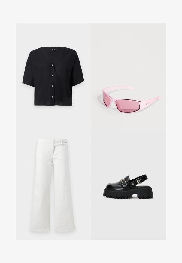 Cardigan court noir à manches courtes avec col en V et quatre boutons blancs sur le devant.; Pantalon blanc à jambes larges avec taille haute, détail double boucle sur le côté droit, couture avant et fermeture éclair.; Sandales sur plateforme noires en cuir brillant, dotées d'une sangle à boucle et d'une semelle épaisse texturée avec des nervures prononcées.; Lunettes de soleil roses avec des montures rose clair, des verres teintés rose foncé, des branches fines et un petit accent métallique sur le côté.