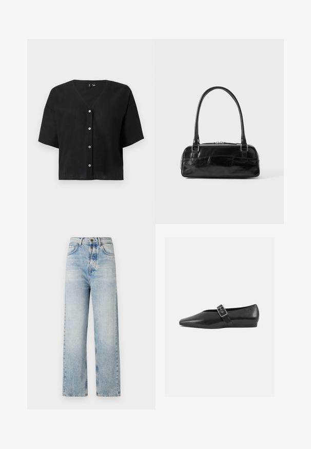 Sort kortærmet cropped cardigan med V-hals og fire hvide knapper foran.; Lyseblå jeans med lige ben, lavet af denim. Har fem lommer, knap-gylp og subtilt slid mange steder.; Sorte læder flade sko med spidse tæer, prydet med en metallisk spænde over vristen og en lav, fleksibel sål.; Sort læderhåndtaske med rektangulær form, der har et enkelt struktureret håndtag, sølvhardware og lynlås-lukning. Glat tekstur.
