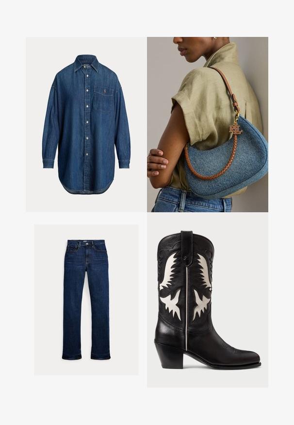 Langærmet blå denim knap-op skjorte med brystlomme med lille broderet logo og klassisk krave.; Mørkeblå straight-leg jeans med frontknap og lynlås, fem-lomme design og synlige syninger.; Sorte læder cowboystøvler med hvide kantede detaljer, prydet med dekorativ syning, spidse tåer og en lav stablet hæl.; Kvinde iført beige skjorte og blå jeans, der holder en blå denimtaske med flettet brun rem og guldfarvet RLL-logo vedhæng.
