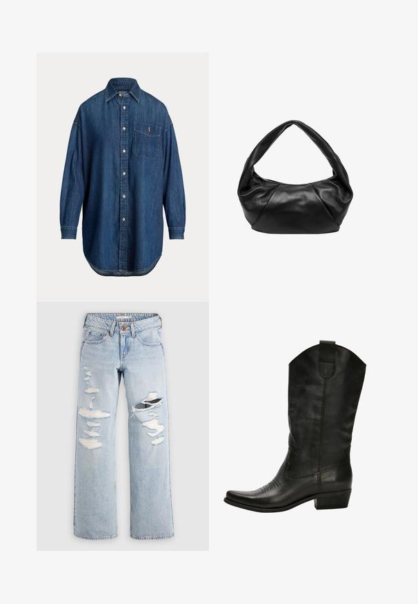 Langärmliges blaues Denim-Hemd mit Brusttasche, auf der ein kleines gesticktes Logo und ein klassischer Kragen zu sehen sind.; Hellblaue Jeans aus Denim mit lockerem Schnitt, abgenutzten Details mit Rissen und ausgefransten Kanten. Klassisches Fünf-Taschen-Design.; Schwarze Leder-Cowboystiefel mit spitzem Zehenbereich, dezenten Steppnähten und einem gestapelten Absatz. Sie besitzen einen hohen Schaft und eine Zuglasche.; Schwarze Lederhandtasche mit einer einzigartigen geschwungenen Form und einem breiten, weichen Griff. Verfügt über einen Reißverschluss und eine glatte Textur mit dezenten Falten.