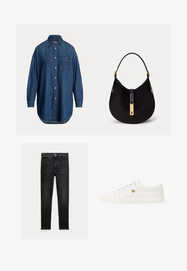 Langærmet blå denim knap-op skjorte med brystlomme med lille broderet logo og klassisk krave.; Slim-fit sorte jeans med fem lommer, knaplukning og Polo mærke på linningen, lagt fladt på en hvid baggrund.; Lauren Ralph Lauren JANSON II CANVAS SNEAKER - Sneakers - optic white; Sort ruskind skuldertaske med enkelt sort rem og guldlås med en polospiller-logo.