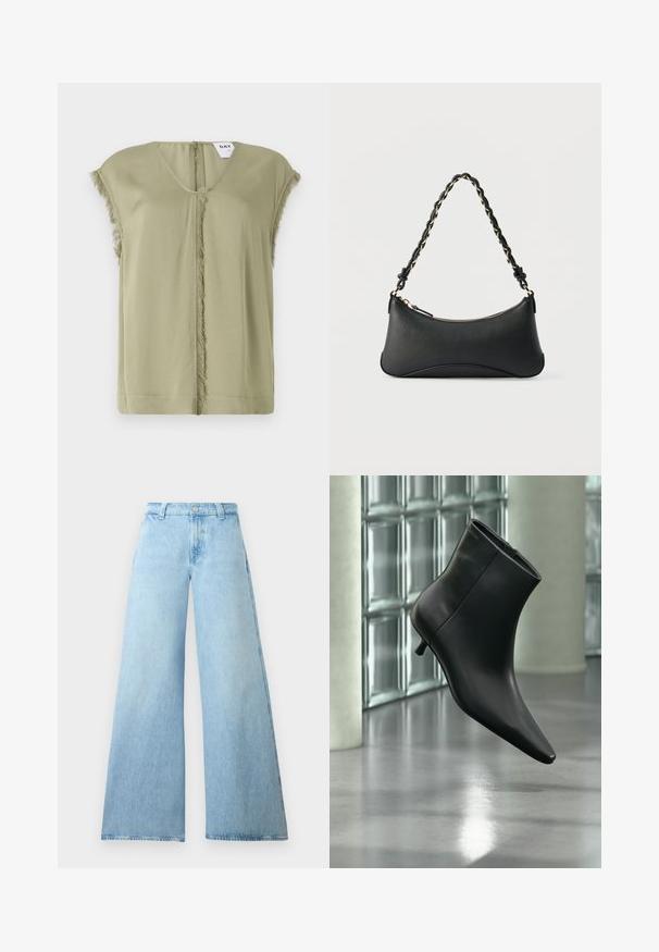 Olijfgroene top met een V-hals, korte mouwen en rafelige randen in het midden. Gemaakt van zachte stof met een losse pasvorm.; Lichtblauwe wijd-uitlopende jeans gemaakt van denim met een hoge taille, voorzien van een knoopsluiting en vijf zakken. Gladde textuur met een casual silhouet.; Zwarte leren enkellaars met spits toelopende neus en lage kittenhak, schuin weergegeven tegen een gepolijste vloer en een glazen blokken muur als achtergrond.; Zwarte lederen schoudertas met een gebogen rechthoekige vorm, gouden ketting verweven in een gevlochten zwarte band, en een ritssluiting bovenop.