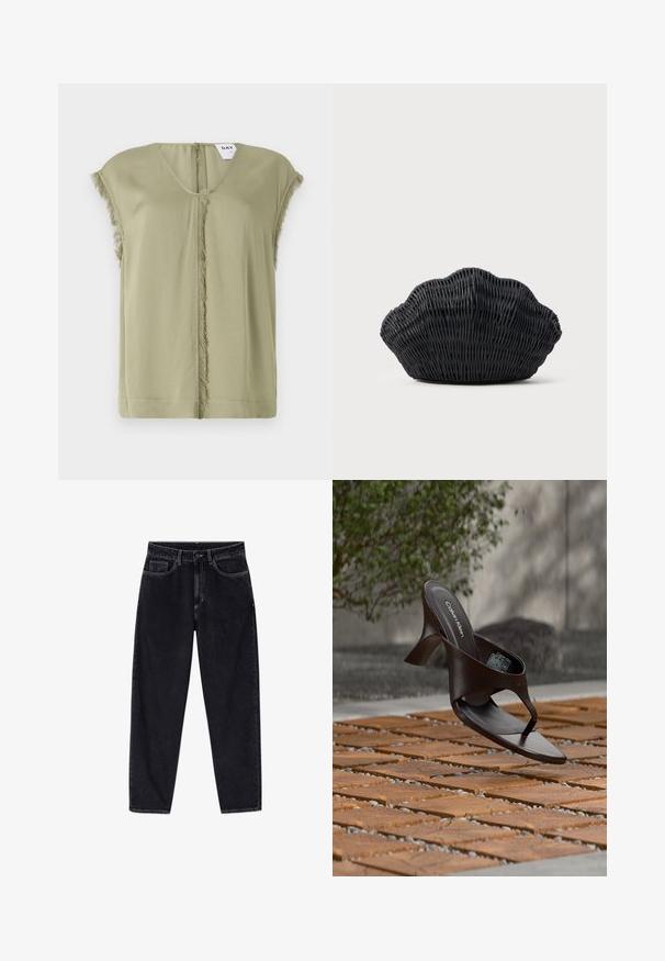 Olivgrünes Oberteil mit V-Ausschnitt, kurzen Ärmeln und fransigen Kanten in der Mitte. Aus weichem Stoff mit lockerer Passform.; Schwarze, hoch taillierte Jeans mit geradem Bein, vorne mit Knöpfen, Reißverschluss, Gürtelschlaufen und fünf Taschen, auf weißem Hintergrund dargestellt.; Braune Calvin Klein Sandalette mit Absatz und Zehensteg, schwebend über einem Boden aus Holzfliesen und Kies im Freien, mit verschwommenem Grün und Stein im Hintergrund.; Schwarze Korbtasche in Muschelform mit gebogenem Oberteil und gewebter Textur auf einfarbigem Hintergrund.