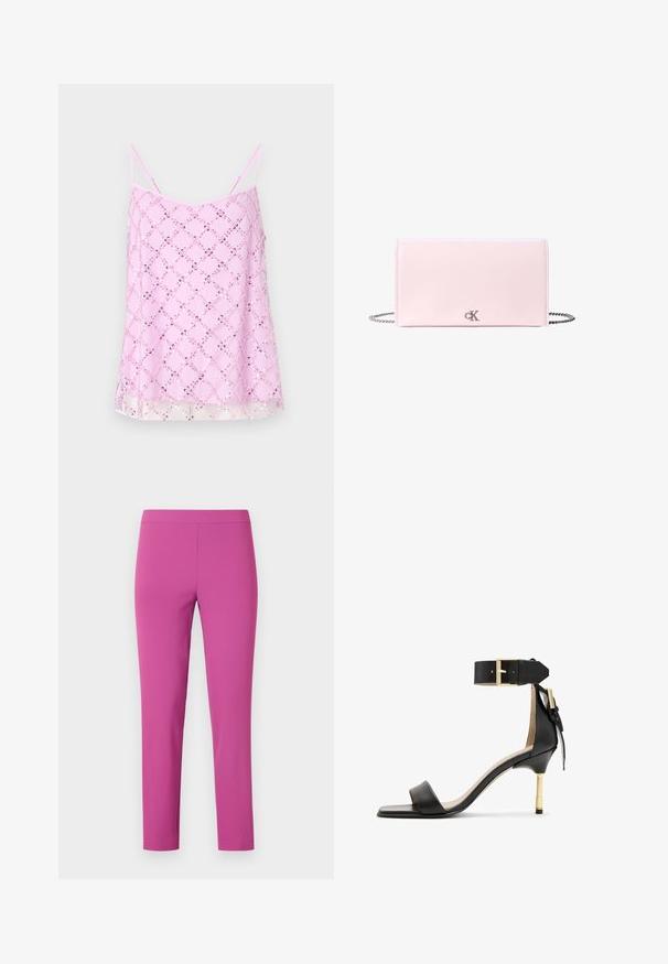 Top de tirantes finos en color rosa, adornado con un brillante patrón de diamantes de lentejuelas, con un dobladillo transparente y una textura de tela suave.; Pantalones ajustados de cintura alta en un vibrante color rosa, hechos de una tela lisa y elástica. Corte hasta los tobillos sin bolsillos ni cierres visibles.; Sándal de tacón de cuero negro con punta cuadrada, correa en el tobillo con hebilla dorada y un tacón metálico esbelto. Textura suave, diseño minimalista.; Clutch rectangular de cuero color rosa claro con cadena plateada y pequeño logotipo CK plateado en el centro frontal.