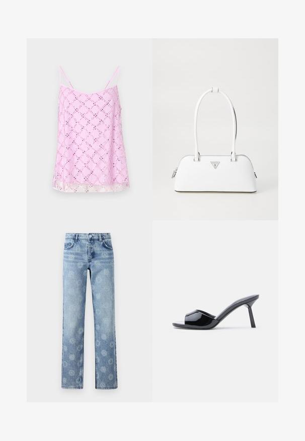 Rosa Spaghetti-Top mit dünnen Trägern, verziert mit einem funkelnden Pailletten-Diamantmuster, mit einem transparenten Saum und glatter Stofftextur.; Hellblaue Jeans aus Denim mit einem leicht ausgebleichten Finish, blumigem Muster, fünf Taschen und geradem Beinschnitt.; Schwarze Sandalen mit Absatz aus Lackleder, offenem Zehenbereich, mit geschwungenem Obermaterial und spitz zulaufendem Stilettoabsatz. Glatte, glänzende Oberfläche.; Weiße Lederhandtasche mit geschwungener Form, versehen mit einem silbernen dreieckigen Logo und einem Reißverschluss. Glatte Textur und zwei Griffe.