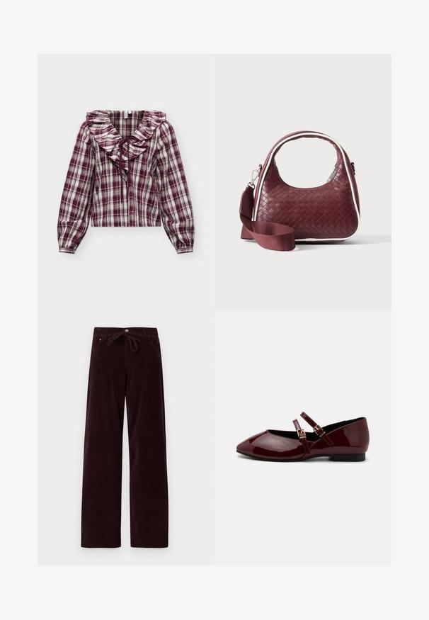 Blouse à manches longues avec motif à carreaux bordeaux et blanc, col en V volanté et lien ajustable à l'avant.; Pantalons en velours côtelé bordeaux foncé à coupe décontractée, avec une taille à nouer et des poches avant. La texture est côtelée et le tissu semble doux.; Anna Field by Zalando Babies - dark red; Sac à main en cuir tressé marron foncé avec poignée courbée, garniture blanche, fermeture éclair argentée et bandoulière large en tissu amovible sur fond uni.