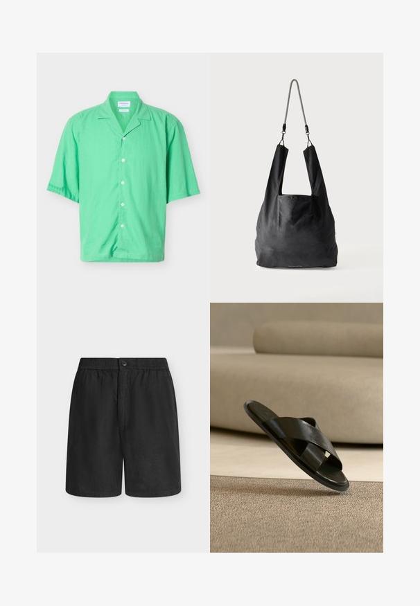 Chemise verte à manches courtes avec col campagnard et boutons blancs, présentée à plat sur un fond clair.; Short noir longueur genou avec taille élastique, fermeture par bouton et devant plat.; Sandale noire en cuir à enfiler avec des brides croisées flottant au-dessus d’un tapis beige texturé dans une pièce aux tons neutres avec un canapé en arrière-plan.; Sac fourre-tout en tissu noir doux avec de larges anses et une fine bandoulière tressée noire et blanche.