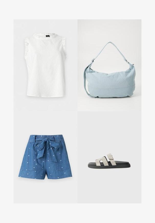 Blouse blanche sans manches avec des points texturés et un volant au col et aux ouvertures des bras, présentée à plat sur fond blanc.; Short en denim bleu avec petits imprimés floraux blancs, taille élastique, grandes poches avant et ceinture en tissu nouée à la taille.; Sandale à semelle noire avec deux bandes verticales ornées de strass argentés, design plat, texture en caoutchouc et motif de semelle subtil.; Sac à dos en denim bleu clair de forme arrondie, avec une bandoulière ajustable et un subtil détail de couture le long du bas. Texture douce.