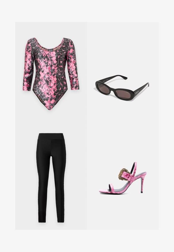 Body de manga larga con patrón de escamas en rosa y negro, escote redondo y corte ajustado.; Leggings negras con una tela suave y elástica, cintura alta y un diseño ajustado. No presentan patrones ni acentos visibles.; Sandalia de tacón alto rosa con textura floral, tiras delgadas en el tobillo y los dedos, y detalle de hebilla dorada ornamentada en la correa del tobillo.; Gafas de sol negras con montura ovalada, lentes oscuros y "vogue" impreso en blanco en las varillas exteriores. Material plástico suave.