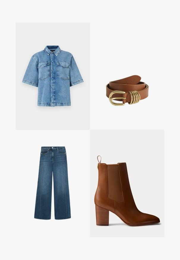Kurzärmliges Denimhemd in Hellblau, mit einem Kragen im Spread-Stil, zwei Brusttaschen und Knopfleiste, mit lockerer Passform und sichtbaren Nähten.; Weite Jeans in dunkelblauem Denim mit kontrastierendem weißen Stich, Fünf-Taschen-Design und Knopfverschluss an der Taille.; Brauner Leder-Stiefelette mit Blockabsatz, elastischen Seiteneinsätzen und Zuglasche hinten, im Profil vor einfarbigem Hintergrund gezeigt.; Brauner Ledergürtel, aufgerollt mit einer glänzenden goldenen Schnalle und vier goldenen Ringen in der Nähe der Schnalle.
