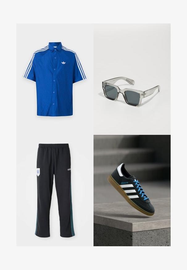 Modrá košeľa s krátkym rukávom a gombíkmi, na hrudi biely logo Adidas a tri biele pásy vedúce pozdĺž ramien a rukávov.; Čierne polyesterové športové nohavice s elastickým pásom, s modro pruhovaným detailom po boku a logom na ľavom prednom boku.; Čierna teniska Adidas s bielymi pruhmi, modrými šnúrkami a gumovou podrážkou, ktorá sa vznáša nad sivým betónovým schodom v mäkkom svetle.; Jasné, prehnané slnečné okuliare s tmavými šošovkami, so chunky obdĺžnikovým rámom a textúrovanými akcentmi na spánkoch. Vyrobené z priehľadného plastu.