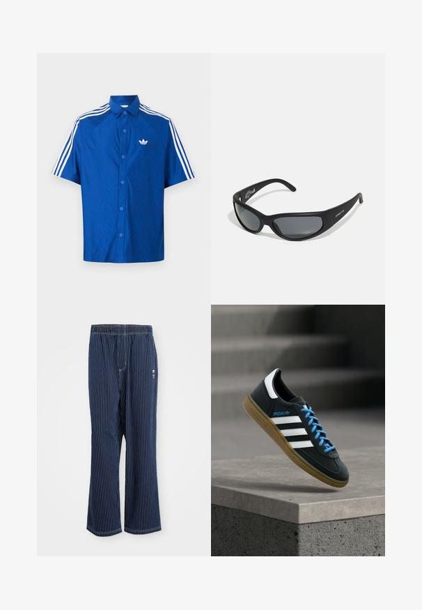 Blaues kurzärmliges Hemd mit Knopfleiste, weißem Adidas-Logo auf der Brust und drei weißen Streifen entlang der Schultern und Ärmel.; Marine gestreifte Hose mit hellblauen vertikalen Streifen, elastischem Bund, weit geschnittenem Bein und kleinem Logo an der Seite. Der Stoff hat eine glatte Textur.; Schwarzer Adidas-Sneaker mit weißen Streifen, blauen Schnürsenkeln und Gummisohle, der über einer grauen Betontreppe im weichen Licht schwebt.; Schwarze Sonnenbrille mit einem geschwungenen Rahmen und dunklen Gläsern. Sie verfügt über eine matte Oberfläche und den Markennamen "ARNETTE" an der Seite.