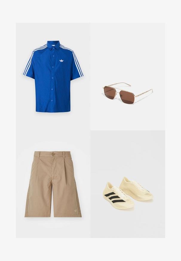Camisa azul de manga corta con botones, con el logo blanco de Adidas en el pecho y tres franjas blancas que recorren los hombros y las mangas.; Bermudas de algodón beige con corte recto, pliegues frontales y cierre de botón único. Presentan un sutil logo en la parte inferior izquierda.; Zapatillas deportivas beige claro con rayas negras, cierre con cordones y diseño texturizado ondulado sobre fondo blanco.; Gafas de sol marrones con montura de metal dorado, lentes rectangulares y detalles en las patillas. Presentan un diseño geométrico minimalista.