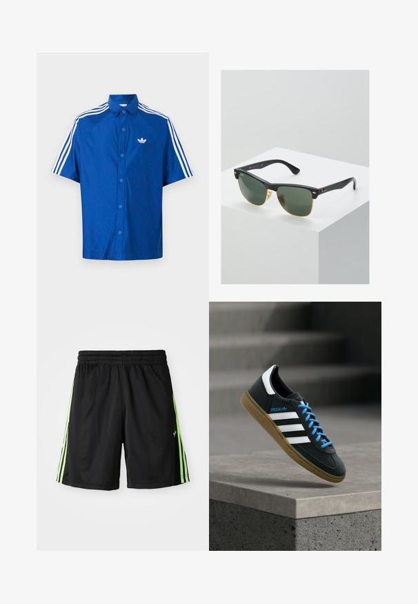 Blaues kurzärmliges Hemd mit Knopfleiste, weißem Adidas-Logo auf der Brust und drei weißen Streifen entlang der Schultern und Ärmel.; Schwarze Sportshorts mit elastischem Bund, ausgestattet mit zwei vertikalen neongrünen Streifen auf jeder Seite und einem kleinen Logo auf der linken Vorderseite.; Schwarzer Adidas-Sneaker mit weißen Streifen, blauen Schnürsenkeln und Gummisohle, der über einer grauen Betontreppe im weichen Licht schwebt.; Ray-Ban Sonnenbrillen mit grünen Gläsern, schwarzen Kunststoffrahmen und goldenen Akzenten an den Rändern. Quadratische Form mit matter Oberfläche.