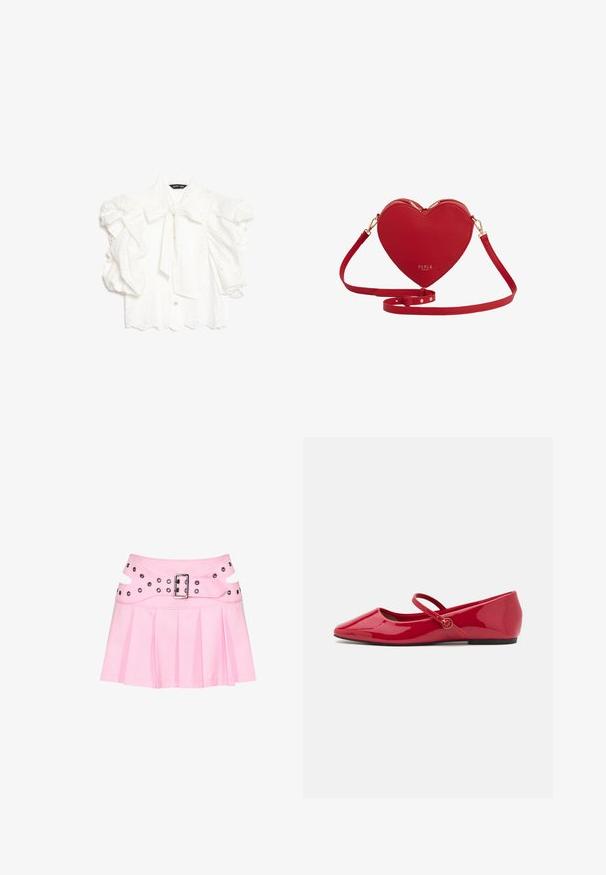 Hvid øjlet bluse med puffede ærmer, bølget kant og bundet sløjfe ved kraven, mærket "sister jane".; Pink plisseret mini nederdel med bred dobbeltlagret linning, sølvspænde og flere nitter til fastgørelse og dekoration.; Røde ballerinasko i laklæder med spids snude, ankelrem og en lille rund detalje på remmen. Flad sål og glat tekstur.; Rød hjerteformet crossbody taske i læder med guld lynlåse og justerbar rem, mærket "Fable" med guldbogstaver.