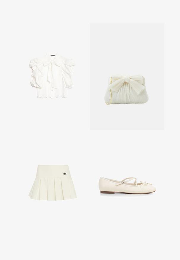 Witte eyelet-blouse met pofmouwen, geschulpte zoom en een strikje aan de kraag, met label "sister jane."; adidas Originals Minirok - off white; Crèmekleurige leren ballerina met een afgeronde neus, gekruiste enkelriempjes, een klein strikje aan de voorkant en platte zool.; Witte geplooide clutchtas met een opvallende strikdetail en een gouden kettinghengsel. Zachte textuur met een geplooid ontwerp aan de voorkant.