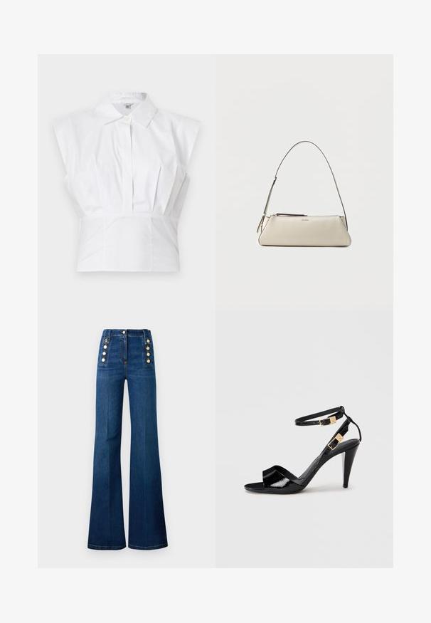 Blusa blanca sin mangas con cuello y botones delanteros ocultos, detalle de cintura ajustada, mostrada sobre un fondo liso.; Jeans de talle alto y corte acampanado en denim azul oscuro, con acentos de botones dorados en los lados y una textura suave.; Sандalia de tacón alto de charol negro con dobles correas en el tobillo y hebillas doradas, punta abierta y tacón delgado y afilado sobre un fondo neutro.; Pequeño bolso de hombro de cuero beige con una correa fina y cierre de cremallera, con un logo metálico discreto en el centro del frente.