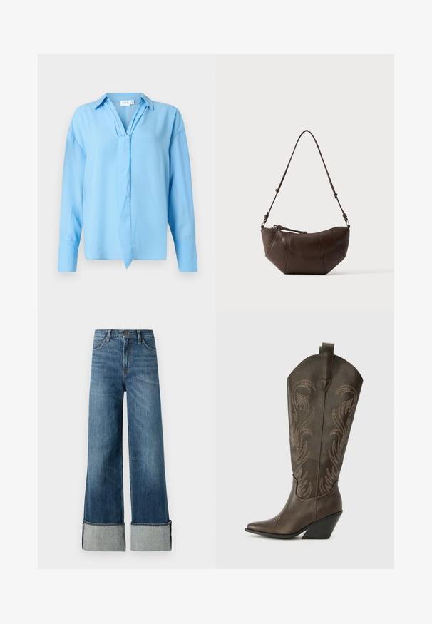 Himmelblaue Bluse mit langen Ärmeln, Kragen und vorderem Bindedetail, aus glattem Stoff, auf einem weißen Hintergrund präsentiert.; Lee STELLA - Wide Leg - richter; Braune Leder-Cowboystiefel mit einer spitzen Zehe, Wedge-Absatz und dekorativer Stickerei. Besitzt einen hohen Schaft und eine Zuglasche.; Braune Leder-Schultertasche mit gewölbtem Boden und verstellbarem Riemen vor einfarbig hellem Hintergrund.