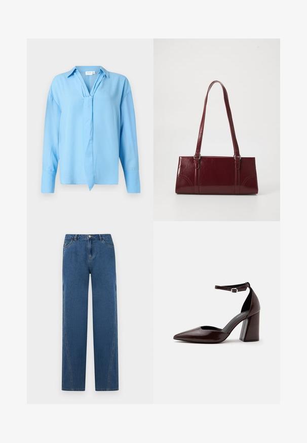 Blusa de manga larga color azul claro con cuello y detalle de lazo en el frente, hecha de una tela suave, presentada sobre un fondo blanco.; Jeans de denim azul con un diseño de pierna recta, que cuentan con cinco bolsillos, un cierre de botón en la parte delantera y detalles de costura a lo largo de las costuras.; Zapato de tacón alto de cuero marrón oscuro con punta puntiaguda, correa en el tobillo y hebilla plateada sobre fondo blanco.; Bolso burdeos hecho de material brillante, de forma rectangular, con dos asas para el hombro y sutiles acentos curvados en la parte frontal.