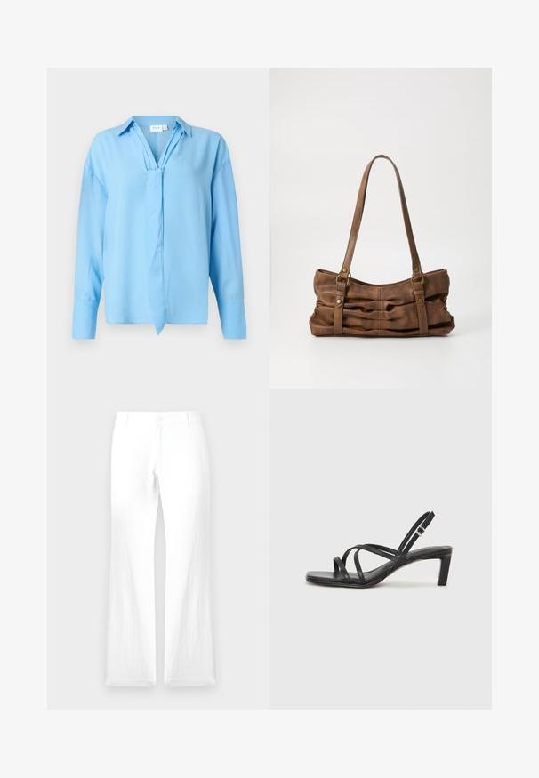 Himmelblaue Bluse mit langen Ärmeln, Kragen und vorderem Bindedetail, aus glattem Stoff, auf einem weißen Hintergrund präsentiert.; Weiße Leinenhose mit geradem Bein, Knopfverschluss und ohne sichtbare Muster. Glatte Textur und minimales Design.; Schwarze Sandale mit Riemchen, quadratischer Zehenform und niedrigem Blockabsatz. Verfügt über mehrere dünne Riemen und einen verstellbaren Knöchelriemen. Hergestellt aus glattem Leder.; Even&Odd by Zalando Handtasche - brown