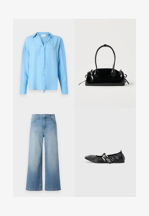 Blusa de manga larga color azul claro con cuello y detalle de lazo en el frente, hecha de una tela suave, presentada sobre un fondo blanco.; Jeans de mezclilla de tiro alto de denim azul claro con corte ancho, diseño de cinco bolsillos, costuras visibles y cierre de botón en la parte delantera.; Zapato plano de piel negra con puntera afilada, detalle fruncido alrededor de la abertura y un acento de hebilla plateada en la correa ajustable.; Pequeño bolso negro brillante con dos asas largas y detalles de cordón lateral sobre un fondo claro liso.