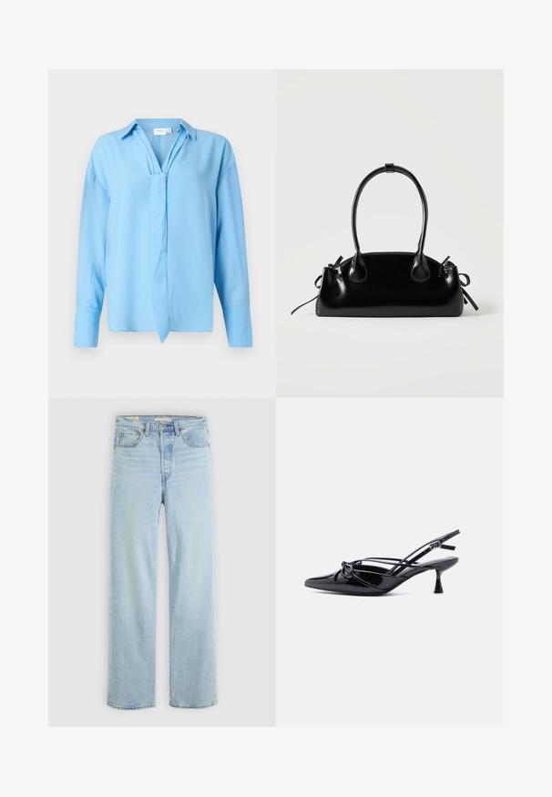 Himmelblaue Bluse mit langen Ärmeln, Kragen und vorderem Bindedetail, aus glattem Stoff, auf einem weißen Hintergrund präsentiert.; Hellblaue Jeans aus Denim mit geradem Bein, ausgestattet mit fünf Taschen, einem klassischen Reißverschluss und sichtbaren Nähthighlights.; Schwarzer Slingback-Pumps aus Lackleder mit spitzer Zehenpartie, niedrigem Kitten-Heel und dekorativer, geknoteter Schleife vorne.; Kleine schwarze glänzende Handtasche mit zwei langen Griffen und seitlichen Kordelzug-Details vor einfachem hellem Hintergrund.
