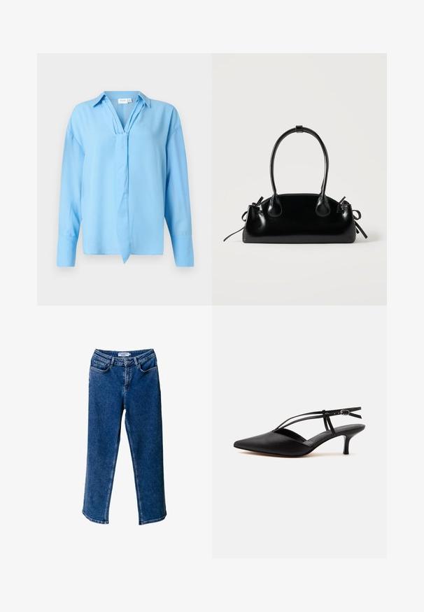Blusa de manga larga color azul claro con cuello y detalle de lazo en el frente, hecha de una tela suave, presentada sobre un fondo blanco.; Pantalones vaqueros de mezclilla de pierna ancha en azul, con cintura alta, que cuentan con bolsillos frontales, costuras en contraste y un ajuste relajado.; Zapato de piel negra con puntera puntiaguda y tacón kitten, con tira fina en el tobillo y hebilla, diseño slingback, sobre un fondo liso y claro.; Pequeño bolso negro brillante con dos asas largas y detalles de cordón lateral sobre un fondo claro liso.