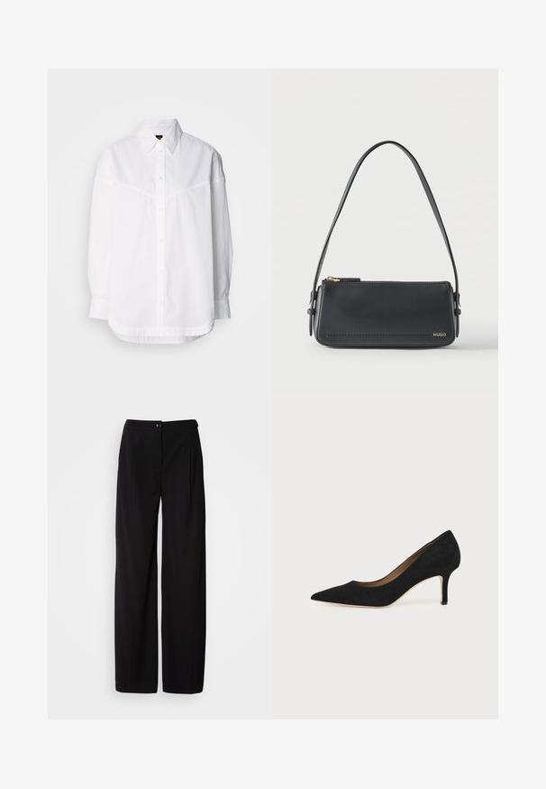 Chemise blanche à manches longues en coton, dotée d'un col boutonné, de boutons sur le devant et d'une coupe décontractée avec des détails de couture subtils.; Pantalons large en noir avec un tissu tissé lisse ; dotés d'une fermeture à bouton et d'un design plissé pour une silhouette structurée.; Escarpin en daim noir à bout pointu avec un talon stiletto fin de hauteur moyenne et un design à coupe basse sur un fond uni.; Sac à bandoulière rectangulaire en cuir noir avec fermeture éclair dorée et petit logo "HUGO" doré sur le devant, doté d'une sangle réglable avec boucle.