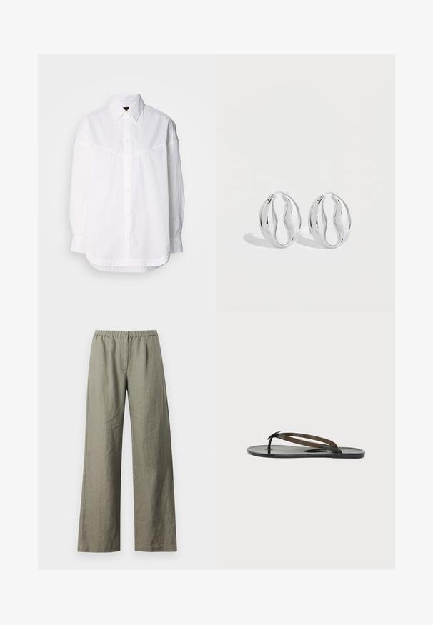 Hvid langærmet skjorte lavet af bomuld, med en knap-ned krave, frontknapper og en afslappet pasform med subtile syninger.; Samsøe Samsøe SATOVE TROUSERS - Bukser - vetiver; Sort blank flad flip-flop sandal med tynde remme, der krydser over foden og en tåstrop på en ensartet lys baggrund.; Par af skinnende sølv hængende øreringe med et snoet, bølget design, vist på en ensfarvet lys baggrund.
