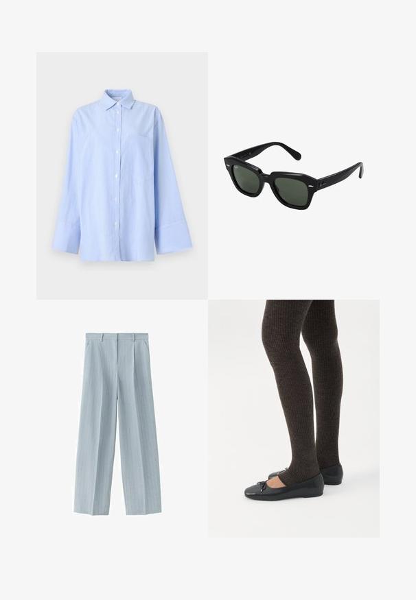 Light blue button-up shirt with subtle vertical stripes, long sleeves, wide cuffs, and a chest pocket on a plain background.; Light blue pinstriped tailored trousers with belt loops, side pockets, and a front zipper fly.; Legs wearing dark ribbed leggings paired with black ballet flats featuring small bow details on a white background.; Black square sunglasses with dark green lenses, featuring bold frames and silver accents on the sides. Made in Italy.