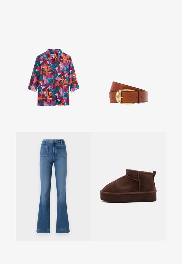 Hemd zum Zumknöpfen mit hochgekrempelten 3/4-Ärmeln, mehrfarbiges abstraktes Blumenmuster in Violett-, Türkis-, Orange-, Rot- und Pinktönen.; Ausgestellte blaue Jeans aus Denim mit normaler Bundhöhe, ausgestattet mit zwei Gesäßtaschen und einer sauberen Saumlinie. Glatte Textur und klassisches Design.; Braune Wildleder-Stiefelette mit runder Spitze, weicher Oberfläche und dicker Plattformsohle. Verfügt über dezente Nähte und eine Lasche an der Rückseite.; Brauner Ledergürtel, zusammengerollt mit runder goldener Schnalle und mehreren Einstelllöchern vor weißem Hintergrund.
