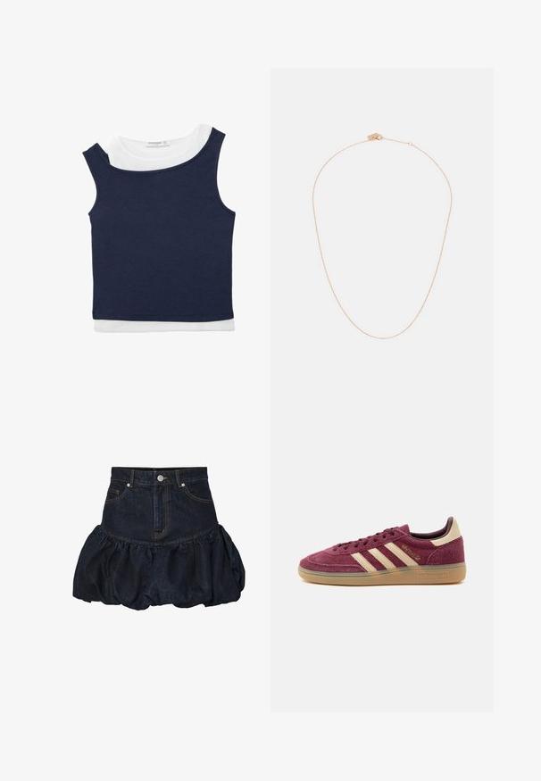 Marineblå ærmeløs cropped tank top lagdelt over en hvid rundhals kortærmet top.; Mørk denim nederdel med en tætsiddende talje og en samlet, puflet nederste del med flæser. Har forlommer og knaplukning i metal.; Lavprofil vinrød ruskindssneaker med beige Adidas-striber, gumisål og "Spezial" i guldskrift på siden, vist på hvid baggrund.; Guldtonet kædedesign med et delikat, tyndt design, der har en lås og justerbar længde til alsidig brug.