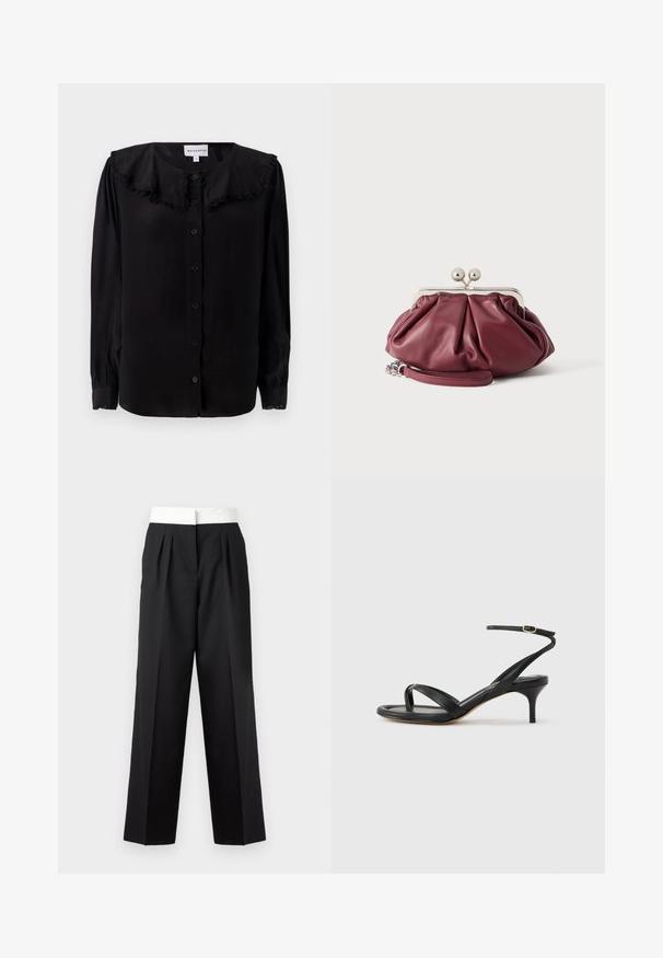 Schwarze Bluse mit langen Ärmeln, Rüschkragen, Knöpfen an der Vorderseite und schmal zulaufenden Manschetten. Hergestellt aus einem glatten Stoff mit dezenter Glanz.; Schwarz gefaltete Hose mit breitem weißen Bund, gerader Schnitt und eleganter Textur für einen strukturierten Look.; Schwarze Ledersandale für Damen mit dünnen Riemchen, einer Zehenlasche, einer Knöchelschnalle und einem mittelhohen Stöckelabsatz vor neutralem Hintergrund.; Kleine bordeauxrote Leder-Clutch mit silbernem Metallverschluss und Handgelenksriemen auf weißem Hintergrund.
