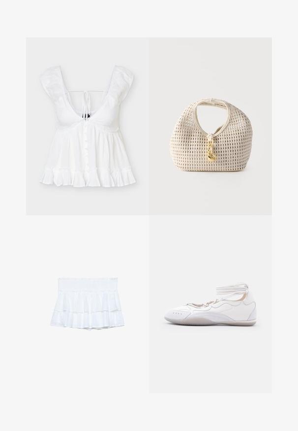 Witte mouwloze blouse met diepe V-hals, knopen aan de voorkant, gerimpelde zoom en strikdetail aan de achterkant, gemaakt van lichtgewicht stof.; Witte gerimpelde shorts met een elastische tailleband, voorzien van gelaagd stof en subtiele textuurdetails. Lichtgewicht en casual ontwerp.; Witte platte schoen met enkelbandjes, afgeronde neus en gestikte details, ontworpen voor casual of licht atletisch gebruik.; Crèmekleurige geweven handtas met afgeronde vorm, korte handgreep en decoratieve goudkleurige gesp die aan de voorkant in het midden hangt.
