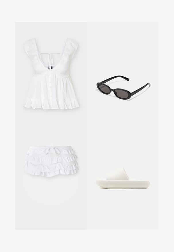 Blouse blanche sans manches avec un col en V profond, fermeture à boutons sur le devant, ourlet froncé et détail noué à l’arrière, en tissu léger.; Jupe de bain blanche à volants avec plusieurs couches, dotée d'une taille à cordon pour un ajustement. Tissu doux avec une texture lisse.; Sandale blanche à semelle plate avec une sangle texturée et une semelle ronde et surélevée. Le matériau semble lisse et durable avec un motif subtil.; Even&Odd Lunettes de soleil - black