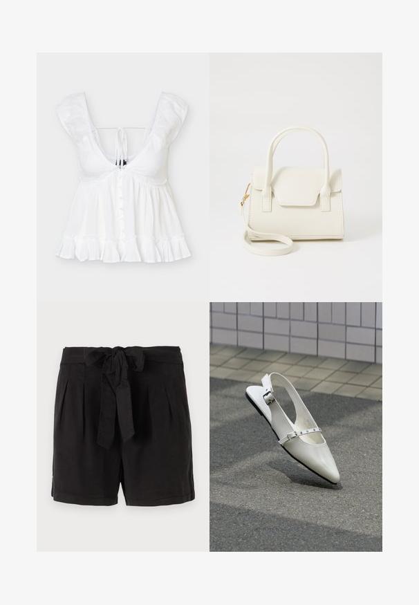 Witte mouwloze blouse met diepe V-hals, knopen aan de voorkant, gerimpelde zoom en strikdetail aan de achterkant, gemaakt van lichtgewicht stof.; Zwarte katoenen shorts met een strikgordel in de taille, plooien aan de voorkant en zijzakken. Gladde textuur en casual ontwerp.; Witte puntige slingback platte schoen met twee zilveren gespen, getoond buiten op een getextureerde ondergrond en betegelde muur als achtergrond.; Kleine witte handtas met dubbele handvatten, voorflap en afneembare schouderband met gouden gesp op een effen witte achtergrond.