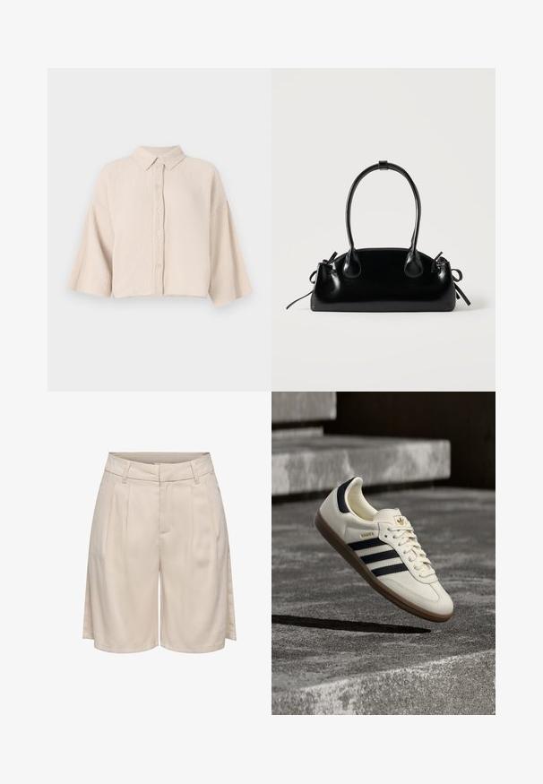 Chemise à manches courtes, à boutons, en tissu beige clair froissé. Dotée d'un col pointu et de manches larges et décontractées pour un ajustement confortable.; Shorts beiges taille haute, confectionnés sur mesure, avec passants pour ceinture, plis sur le devant et fentes latérales, présentés sur fond blanc.; Baskets blanches Adidas Samba avec des bandes noires et une semelle en gomme, flottant au-dessus de marches en béton gris texturé.; Petit sac à main noir brillant avec deux longues anses et des détails à cordon sur les côtés sur un fond clair uni.