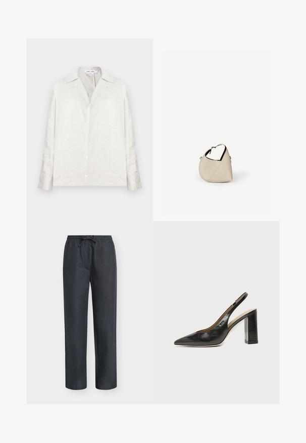 Chemise manches longues en lin gris clair avec col pointu et fermeture à boutons sur le devant. Caractéristiques d'une coupe décontractée et d'une texture douce.; Pantalon droit noir avec taille élastique et cordon de serrage, coupe décontractée et texture subtile.; Chaussure slingback en cuir noir à bout pointu avec un talon bloc haut et une doublure intérieure beige sur un fond clair uni.; Sac à main en cuir beige en forme de croissant avec une seule bandoulière et des coutures minimalistes, posé sur un fond blanc uni.