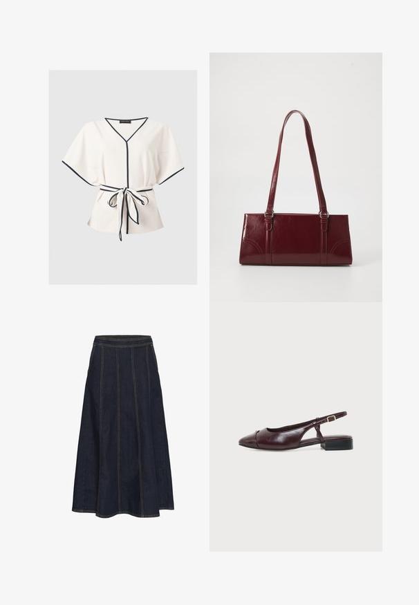 Crèmekleurige blouse met korte mouwen met zwarte biezen langs de halslijn, mouwen, voorkant en een gestrikte tailleband.; Donkerdenim A-lijn rok met een brede tailleband, zichtbare stiksels en een uitlopende zoom. Er zijn geen zakken of versieringen aanwezig.; Donkerbruine leren platte slingbackschoen met puntige neus, klein gouden detail aan de voorkant en verstelbare zijriem met gesp.; Bourgondische handtas van glanzend materiaal, rechthoekige vorm, met twee schouderbanden en subtiele gebogen accenten aan de voorkant.