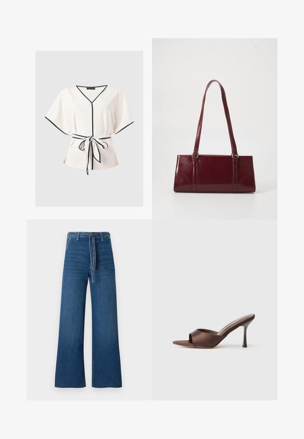 Cremefarbene Kurzarmbluse mit schwarzem Besatz am Ausschnitt, an den Ärmeln, vorne und einem gebundenen Taillengürtel.; TOM TAILOR DENIM TTMIJA CULOTTE FIT - Flared Jeans - used mid stone blue denim; Braunes Satin-Offene-Zehen-Mule mit einem mid-Höhen, schlanken Absatz und einem Slip-On-Design auf einem schlichten weißen Hintergrund.; Burgunderfarbene Handtasche aus glänzendem Material, rechteckige Form, mit zwei Schulterriemen und subtilen, geschwungenen Akzenten an der Vorderseite.