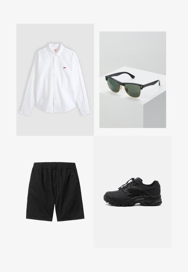 Chemise blanche à manches longues, boutonnée, avec col et petit logo rouge Levi's sur le côté gauche de la poitrine sur un fond neutre.; Shorts noirs avec une taille élastique, des poches latérales et une coupe droite. Fabriqués à partir d'un tissu léger avec une texture lisse.; Baskets de sport noires avec tissu texturé, semelle épaisse et rembourrée, aérations et fermeture à lacets, vues de profil sur fond clair.; Lunettes de soleil Ray-Ban avec des verres verts, monture en plastique noir et accents dorés sur les bords. Forme carrée avec une finition mate.