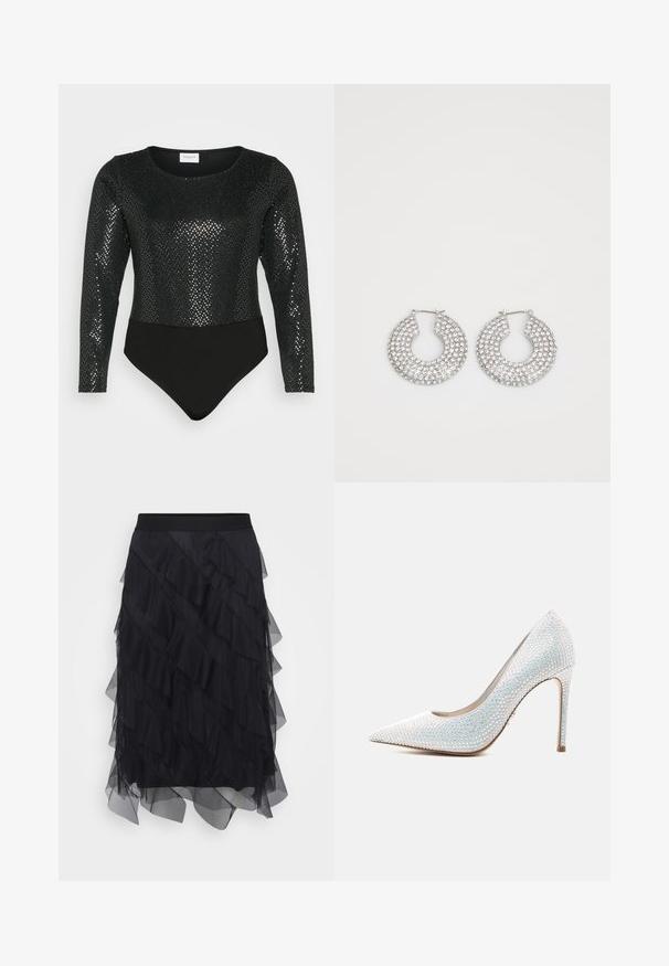 EVOKED VILA VIKALLA BODYSTOCKING - Pikkade varrukatega topp - black/silver; Mustmustik tülli seelik kihiliste volangidega, elastne vöökoht ja voolav siluett. Läbipaistev tekstuur annab kerguse ja liikumise.; Valge terava ninaga stiletokontsadega king, mis on kaetud väikeste irisseeruvate litritega, tavalise valge taustaga.; Hõbedased rõngaskõrvarõngad, millel on mitmeid selgeid kristallitoot.