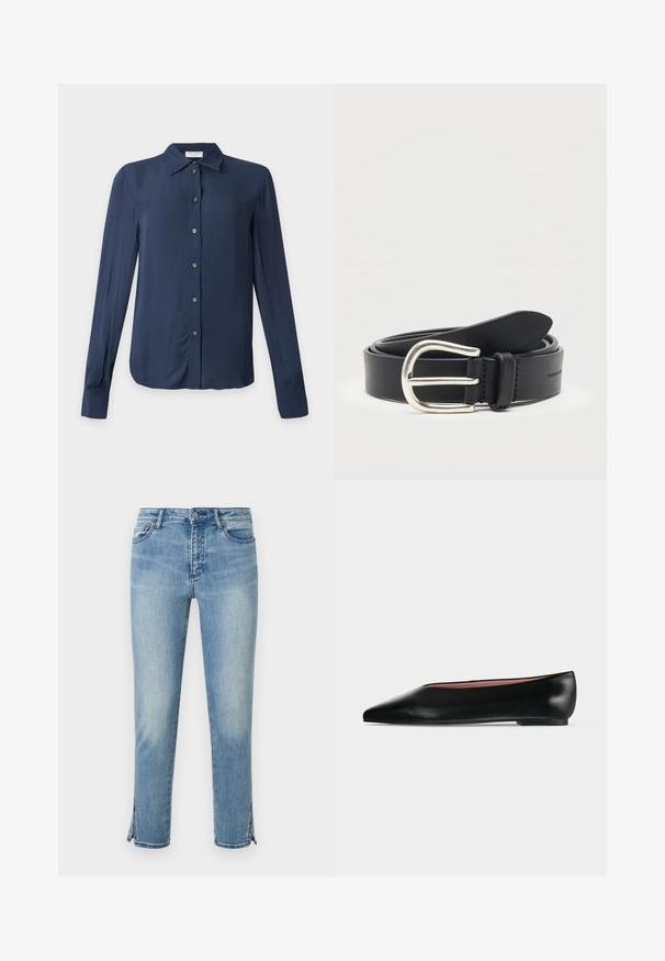 Chemise bleu marine à manches longues avec boutons, col et poignets, affichée à plat sur un fond clair.; Jean en denim bleu clair délavé avec bouton à l'avant, poches et fentes aux chevilles des deux côtés, présenté sur fond blanc.; Chaussure plate en cuir noir pour femme, avec bout pointu et petit talon, vue de côté sur un fond gris clair uni.; Ceinture en cuir noir roulée avec boucle en métal argenté arrondie sur fond blanc uni.