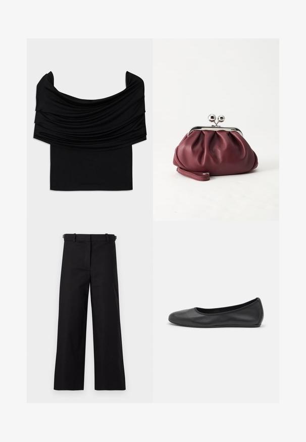Zwarte off-shoulder top met gevallen stof, zachte textuur en een getailleerd ontwerp. Kenmerkt zich door een gladde, minimalistische zoom op de taille.; Zwarte broek met brede pijpen, gemaakt van katoen, voorzien van een riem en een soepele textuur, met een nette voorkant en zonder zichtbare patronen.; Zwarte leren ballerina met een ronde neus, gladde textuur, minimale stikdetails en een flexibele zoolontwerp.; Kleine bordeauxrode leren clutch-portemonnee met zilverkleurige metalen sluiting en polsbandje op een witte achtergrond.